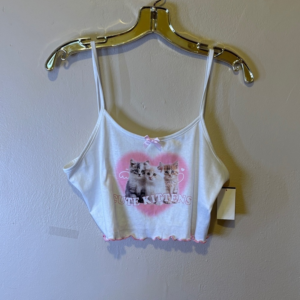 ROMWE White and Pink Cute Kittens Crop Top